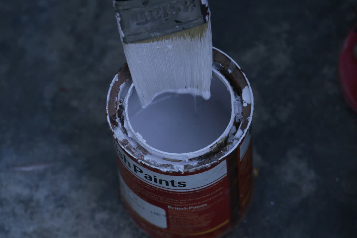 Paint brush dipping into a tin of white emulsion